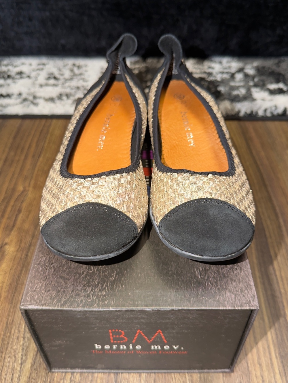 bernie mev. Tan Woven Light Gold Ballet Flats with Black Toe Cap